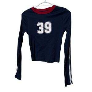Aeropostale Navy Blue Varsity 39 Ribbed Long Sleeve Ringer Crop Top Small